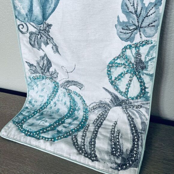 Fall Luxury Beaded Blue Gray Pumpkin Table Runner - Picture 3 of 5
